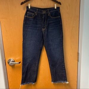 CARMAR Sz 26 High Rise Dark Wash Raw Distressed Hem Button Fly Ankle Jeans